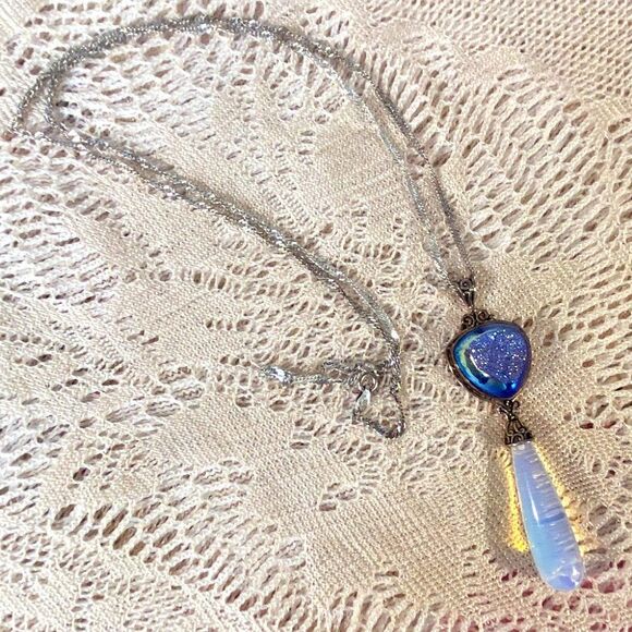 Sajen Blue Druzy Necklace Vintage Piece Sterling Silver Pendant - Picture 1 of 7